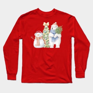 Polar bear and snowman in front of christmas tree Long Sleeve T-Shirt